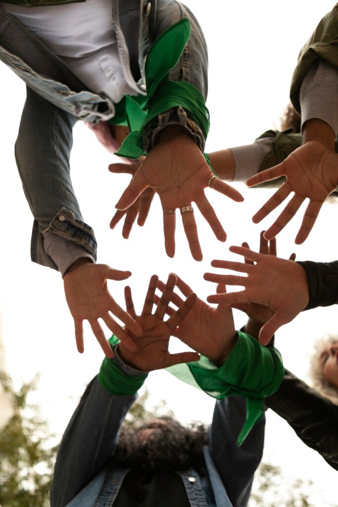 bottom view women protesting outdoors