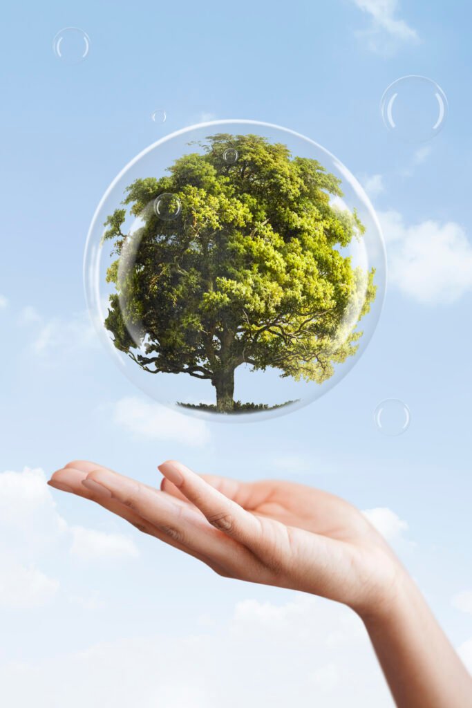 earth day campaign hand showing tree in a bubble media mix